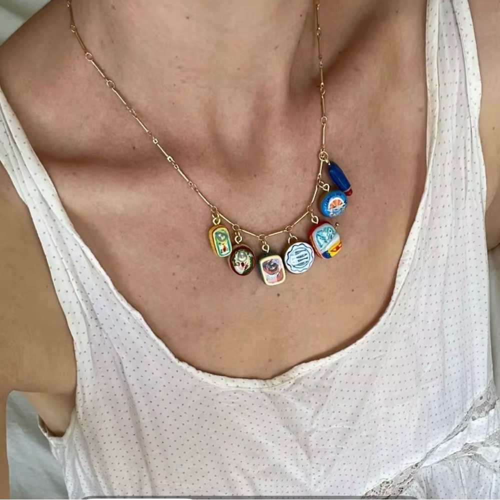 Porcelain Tapas Charm Necklace Gold Filled Chain. Gift for her